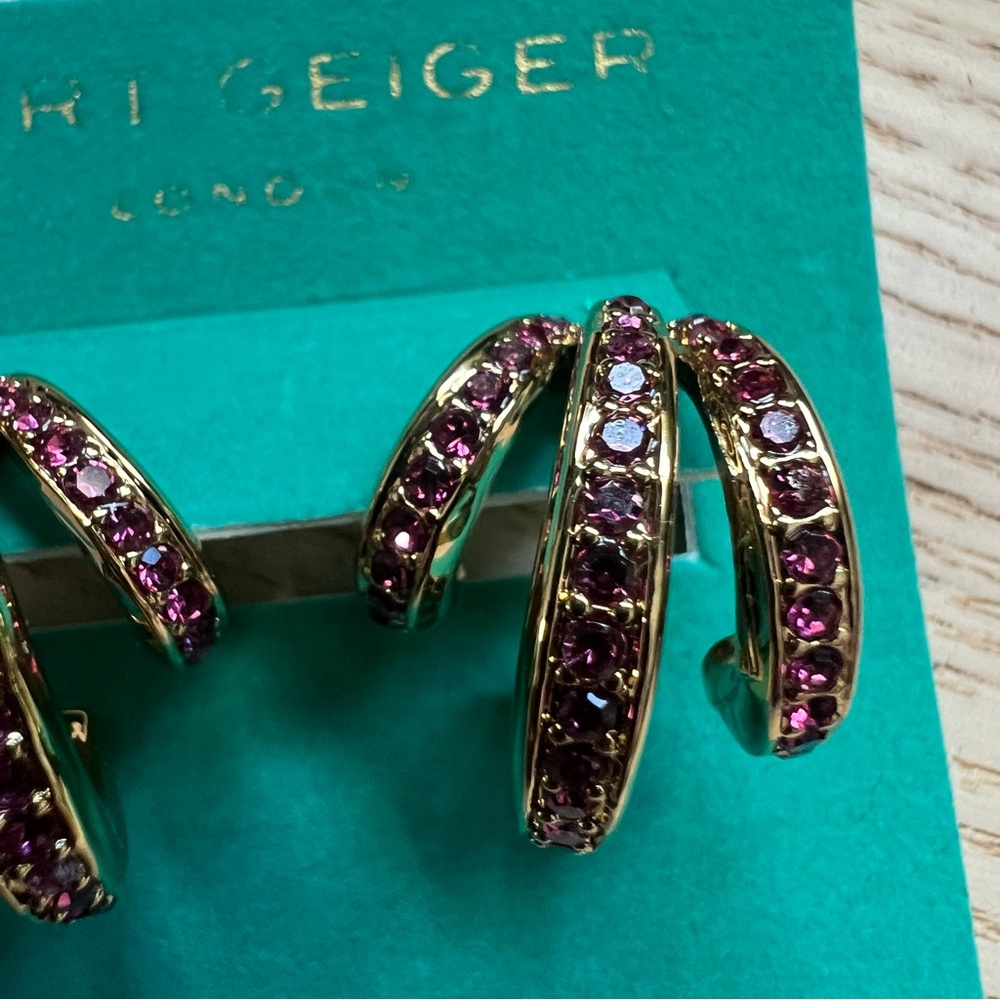 NEW KURT GEIGER Pavé Crystal Triple Huggie Hoop Earrings Gold Pink - Picture 5 of 9